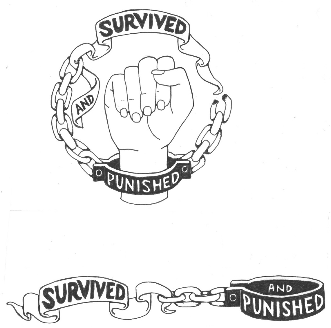 the Survived and Punished national logo: a fist with a handcuff around the wrist and chains reaching above the fist to a a piece of cloth, with the words Survived and Punished.